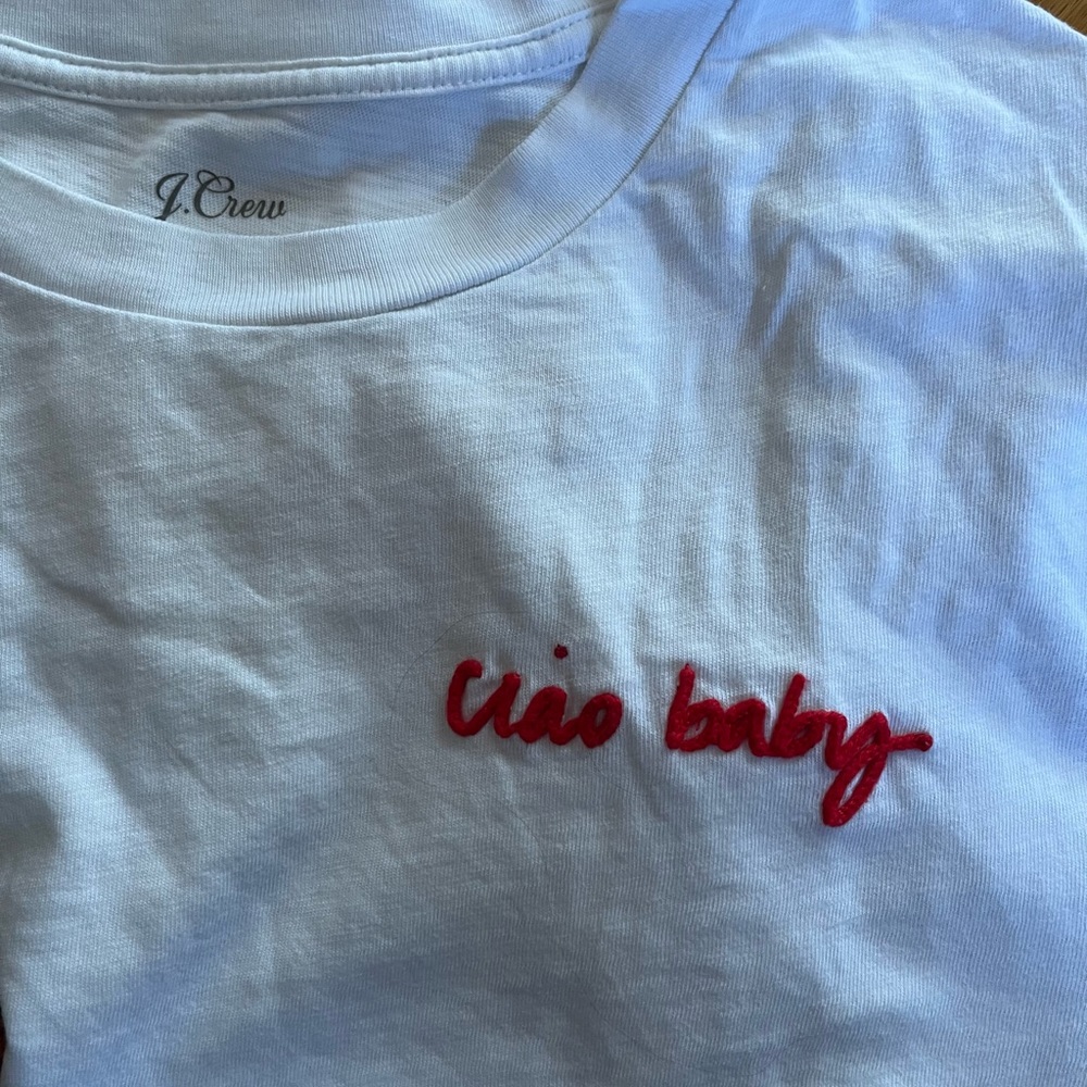 J.Crew short sleeve white T-shirt with red Ciao Baby embroidery Size XL